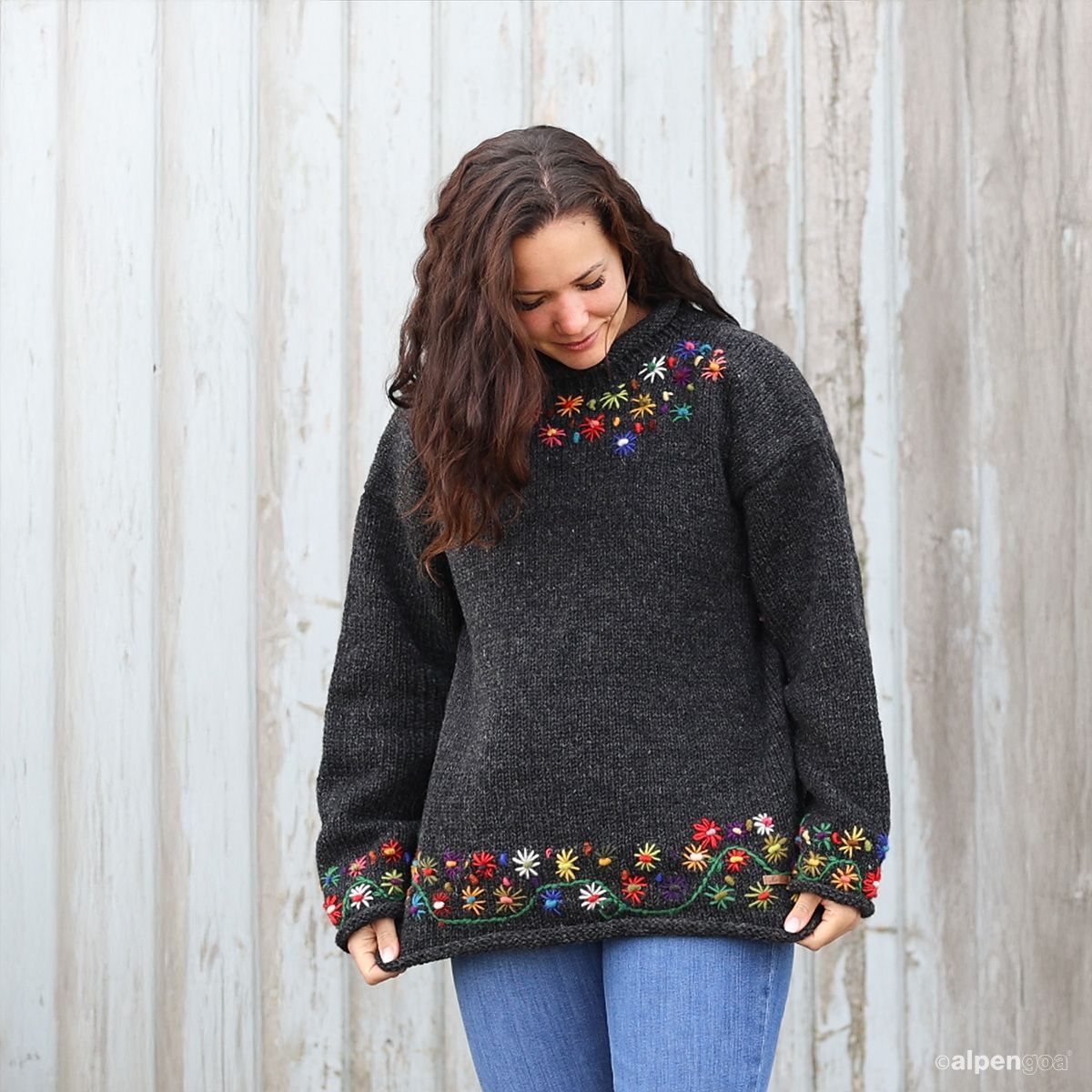 Wollpullover mit Blumenstickerei Anthrazit